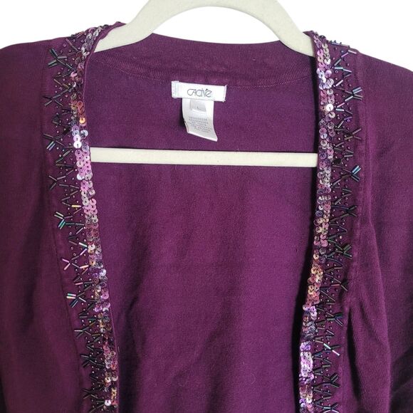 Cache Beaded Sequin Cardigan Sweater Women's Large L Purple Cropped Y2K Vintage - Picture 3 of 8